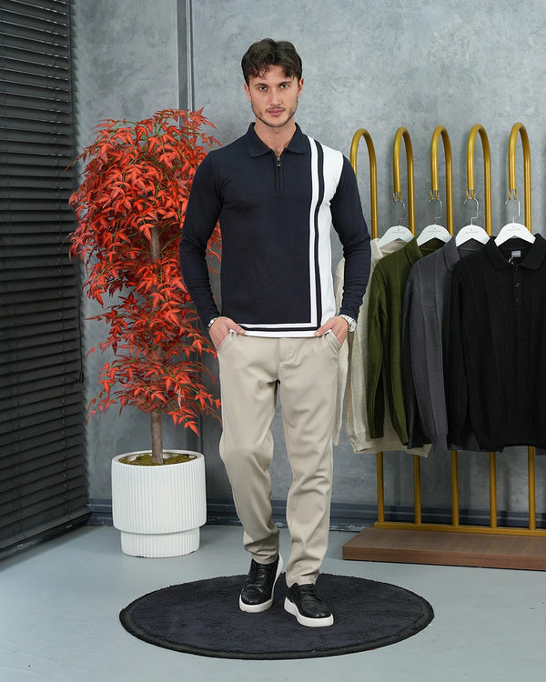 Şerit Detaylı Fermuarlı Polo Yaka Triko Kazak