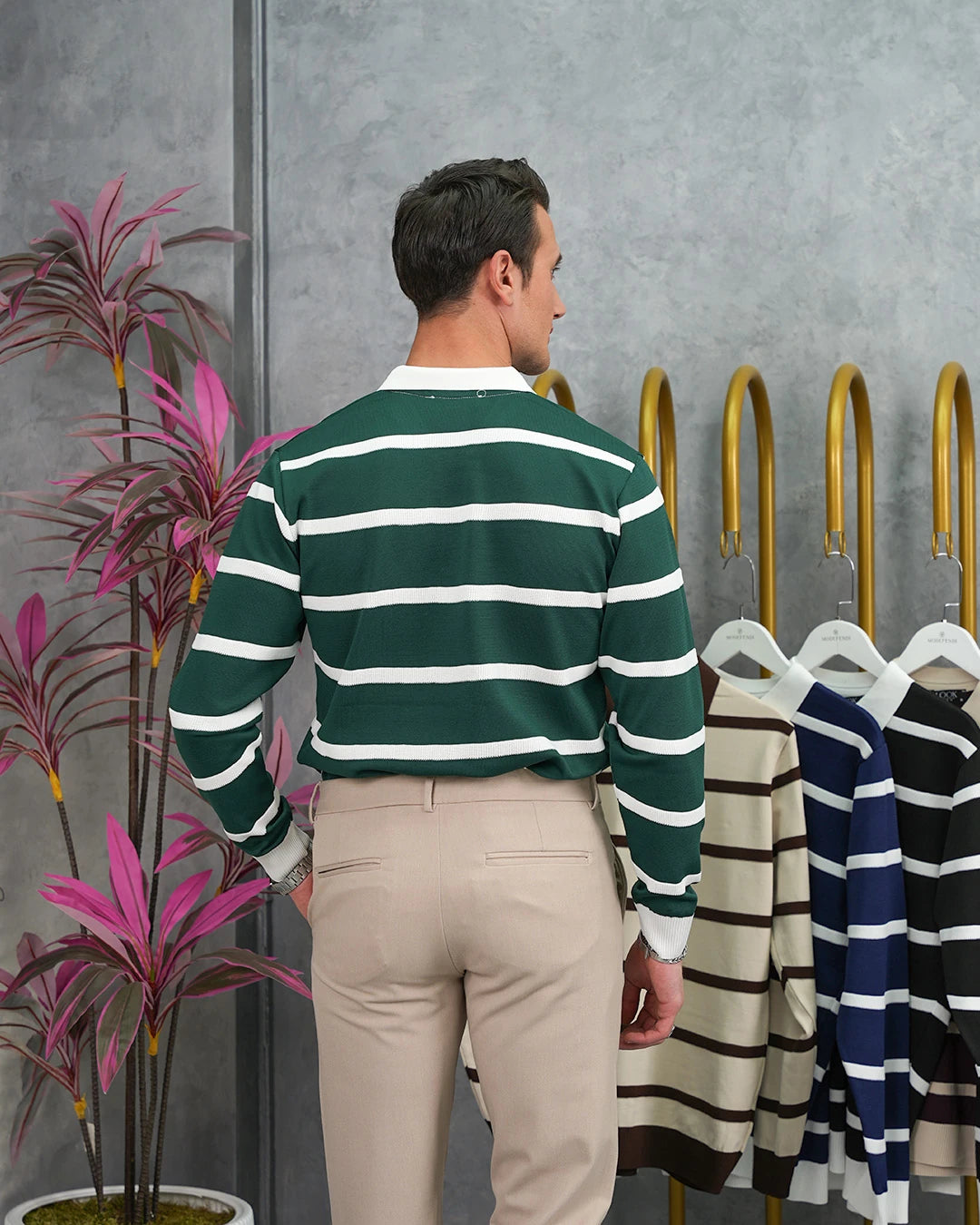 Pamuk Likra Slim Fit Örgü Yatay Desen Yaka Şerit Detaylı Polo Yaka Kazak