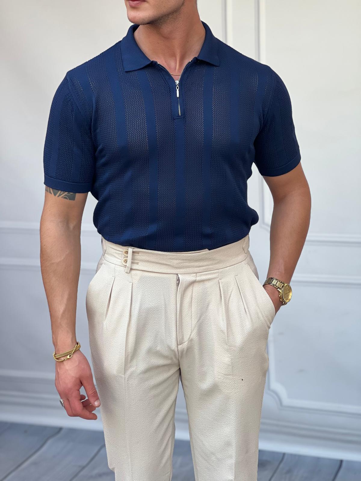 Polo Yaka Fermuar Detaylı Örme Tshirt