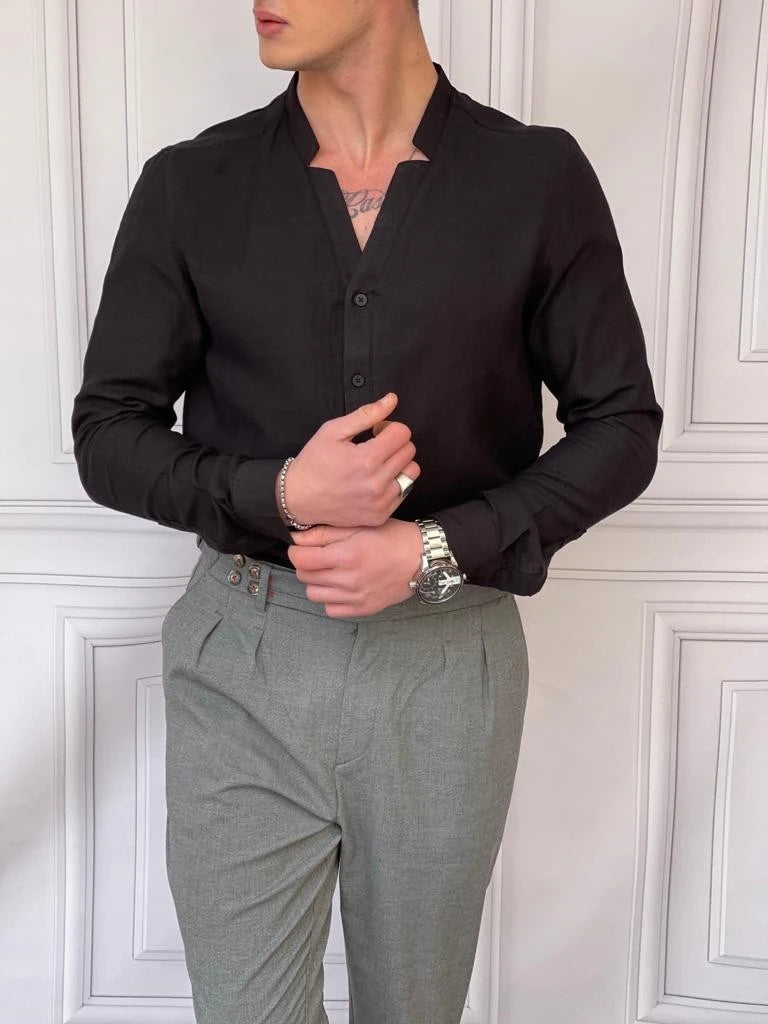 Rahat Kalıp  Yaka Yırtmaç Detaylı Keten Gömlek