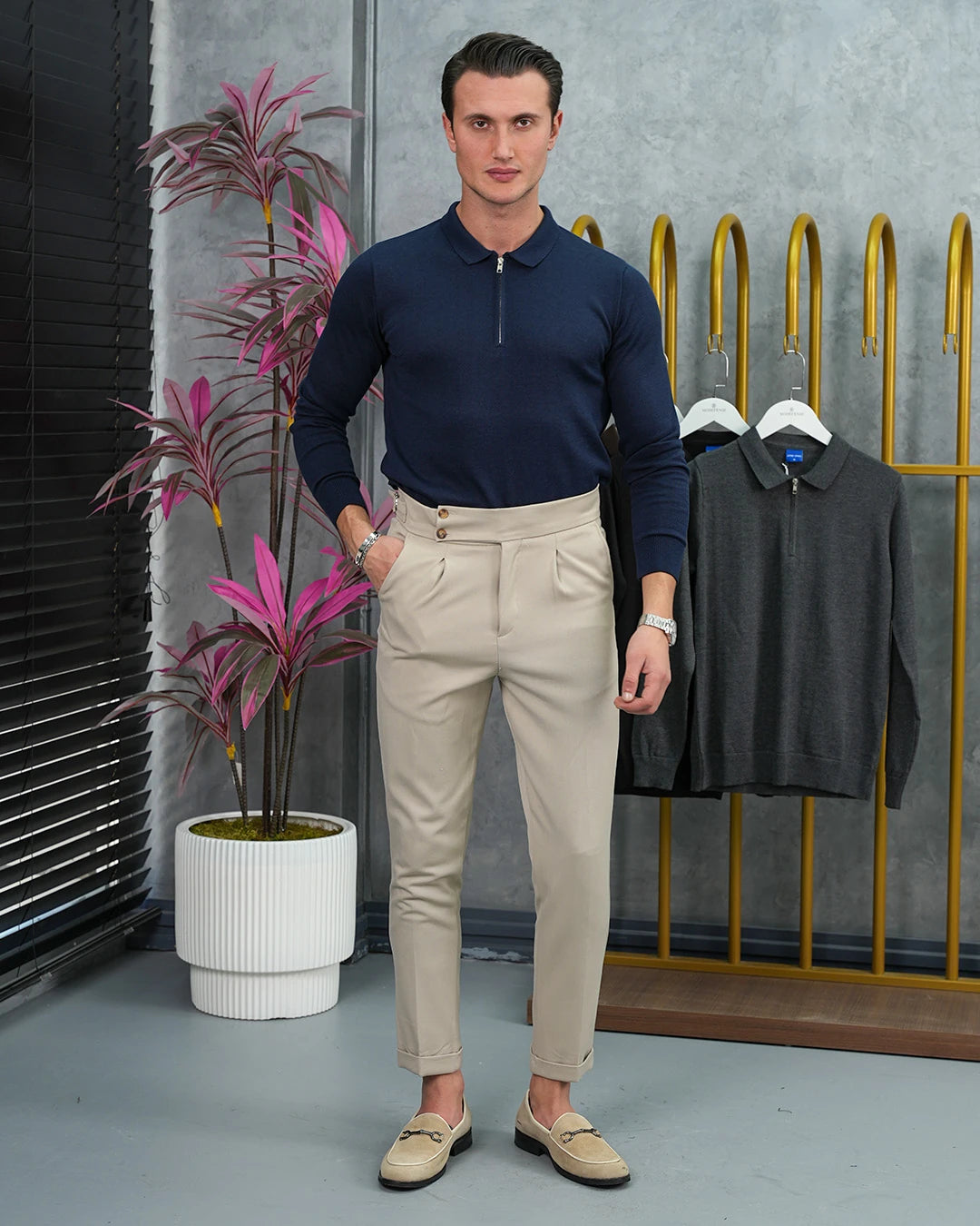 Pamuk Likra Slim Fit Kalıp Yaka Fermuar Detaylı Triko Kazak