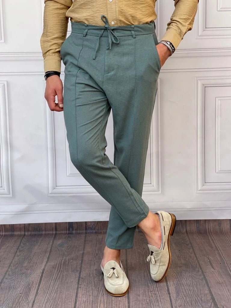 Ham Keten Normal Kalıp İp Ve Çizgi Detaylı Yazlık Pantolon