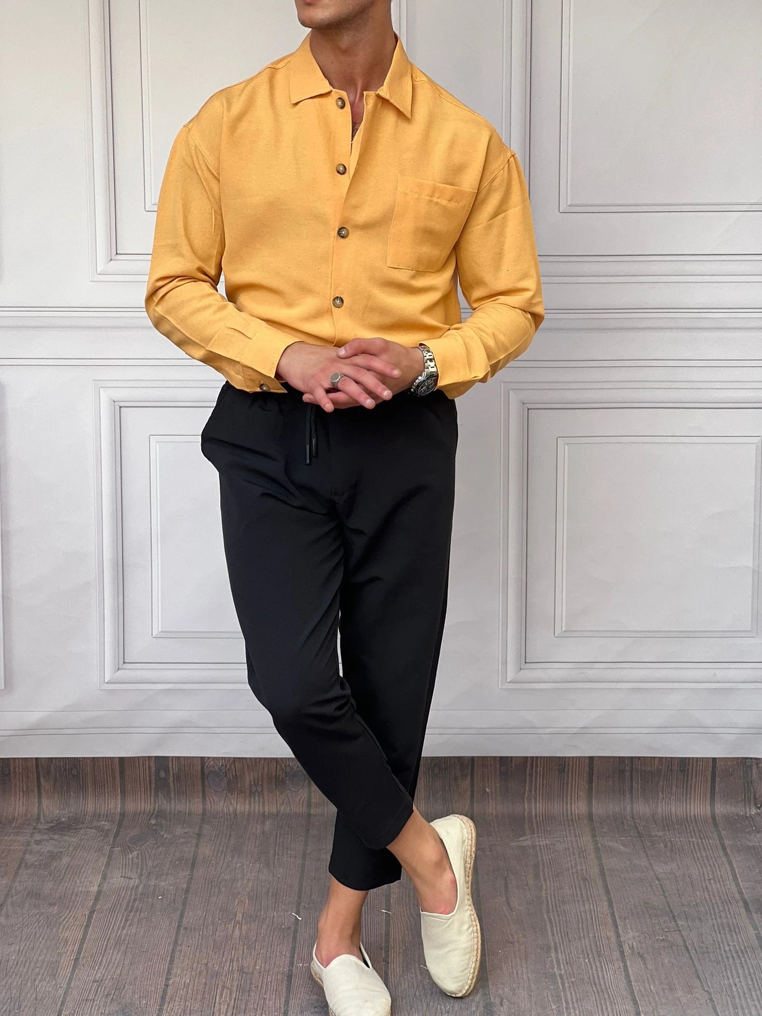 Rahat Kalıp Cep Detaylı Pamuk Keten Gömlek