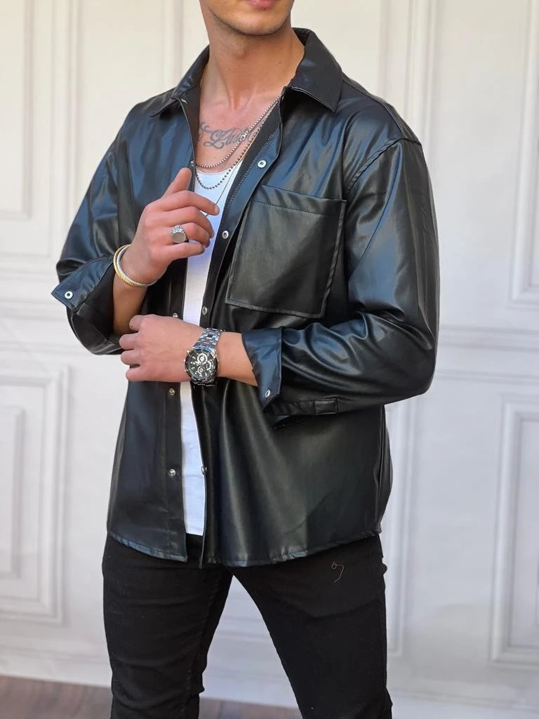 Yüksek Kalite Tek Cep Detaylı Oversize Deri Gömlek