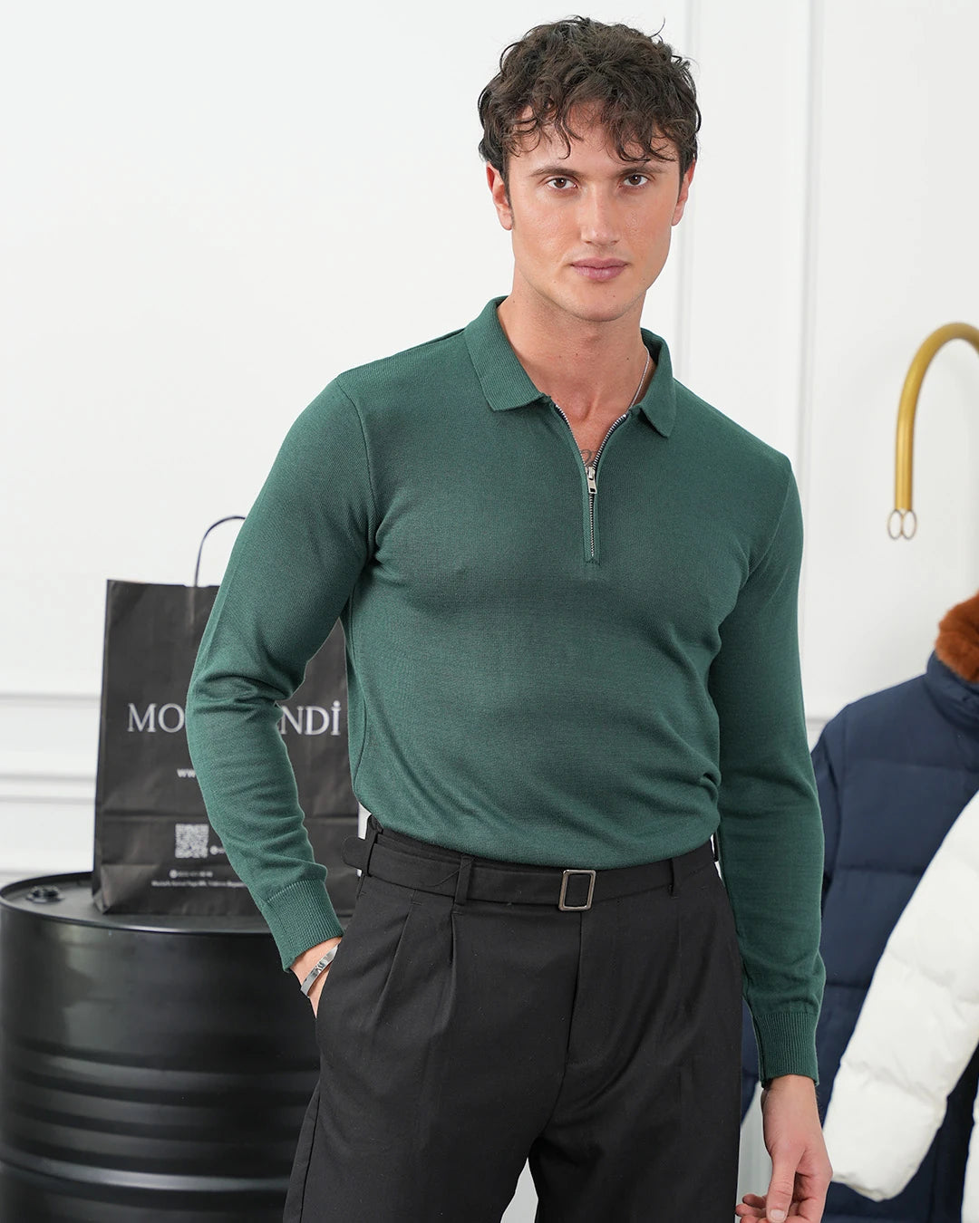 Pamuk Likra Slim Fit Kalıp Yaka Fermuar Detaylı Triko Kazak