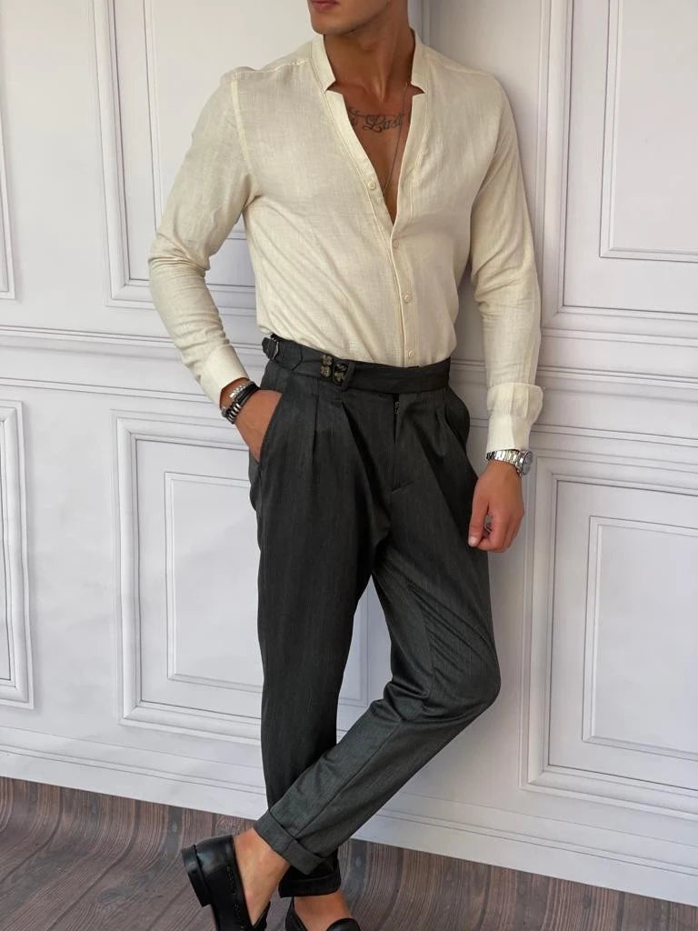 Rahat Kalıp  Yaka Yırtmaç Detaylı Keten Gömlek