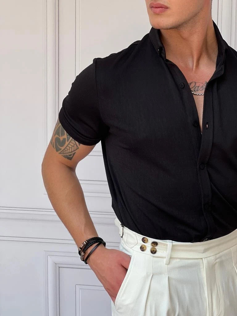 Pamuk Likra Gofre Kumaş Slim Fıt Kalıp Kısa Kollu Gömlek