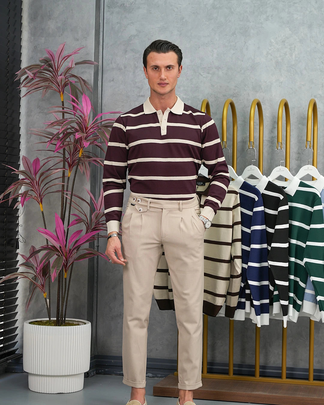 Pamuk Likra Slim Fit Örgü Yatay Desen Yaka Şerit Detaylı Polo Yaka Kazak