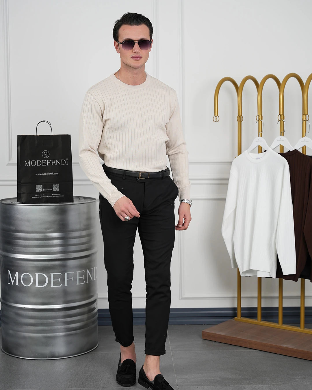 Pamuk Likra Slim Fit Bisiklet Yaka Dikey Çizgi Triko Kazak