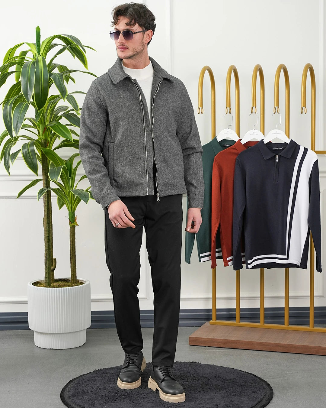 Düz Yaka Fermuarlı Kaşe Ceket