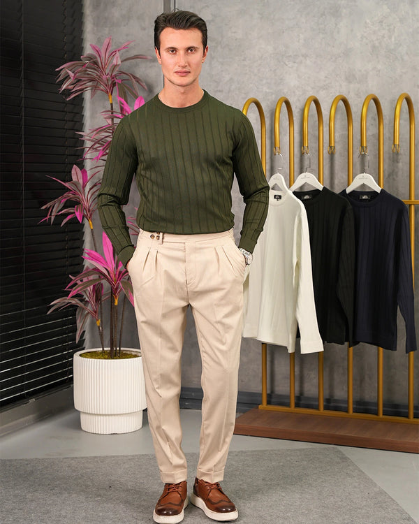 Pamuk Likra Kalın Fitil Bisiklet Yaka Slim Fit Triko Kazak