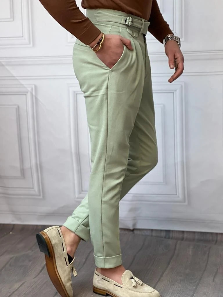 Kuşak Toka Detaylı Kuş Gözü Desen Pileli Pantolon