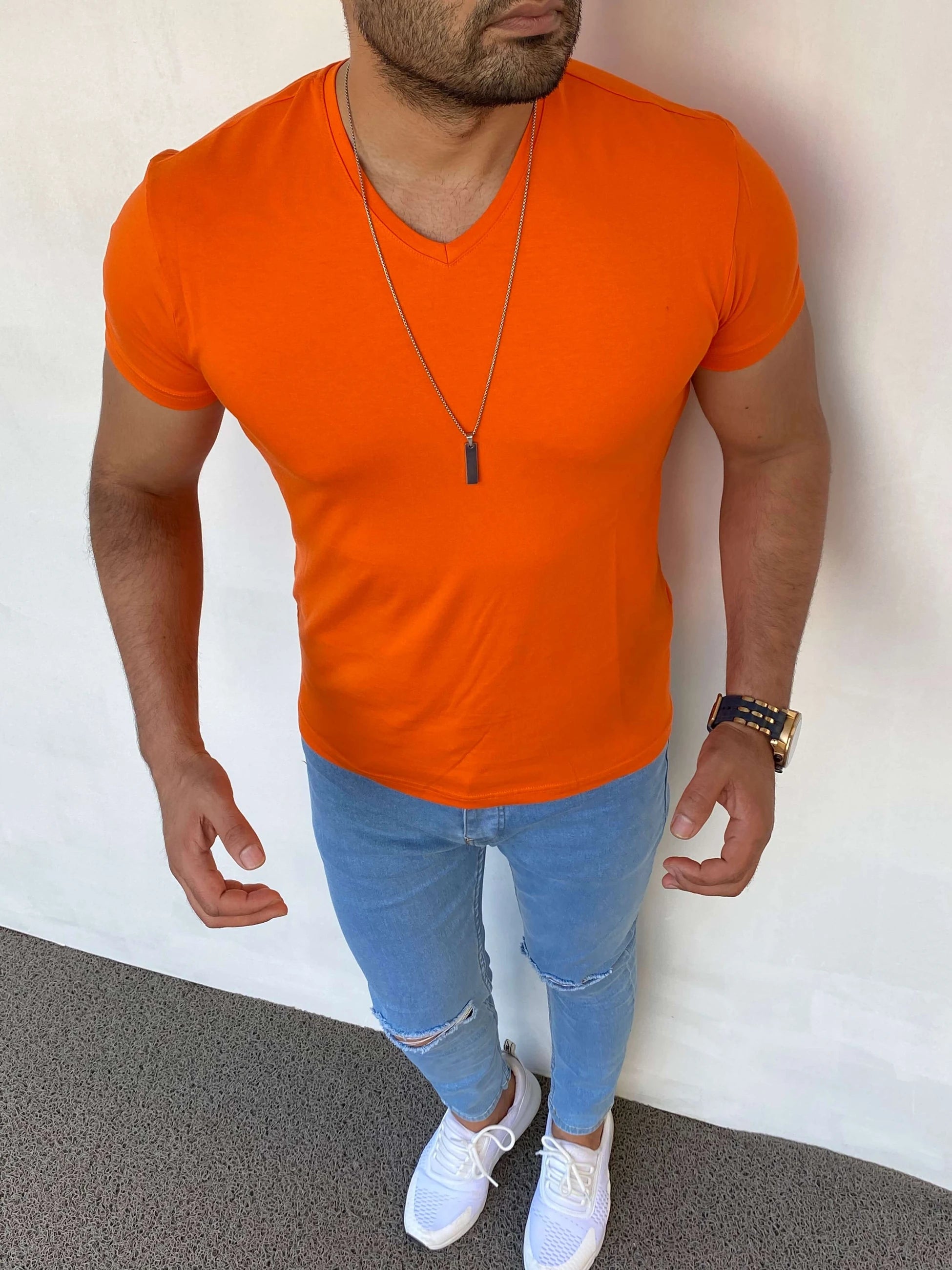 Slim Fit Pamuk Likra Basic V Yaka Tshırt