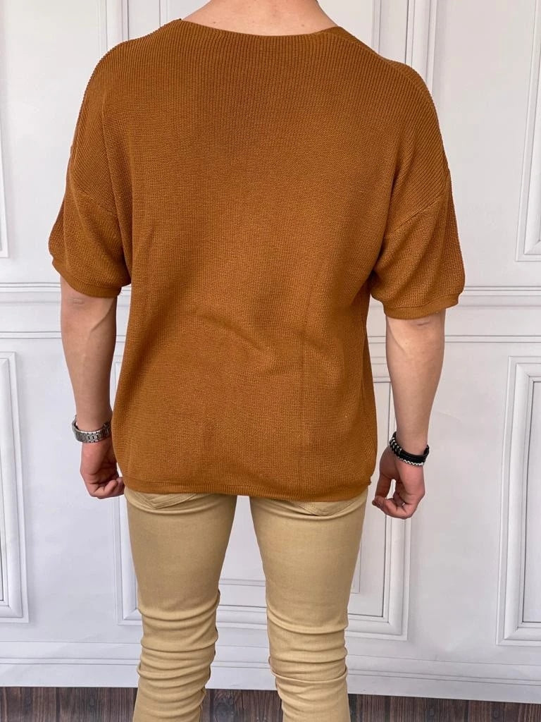 Relaxed Kalıp(Geniş Kalıp) Örme Triko Derin Açık Yaka Tshırt