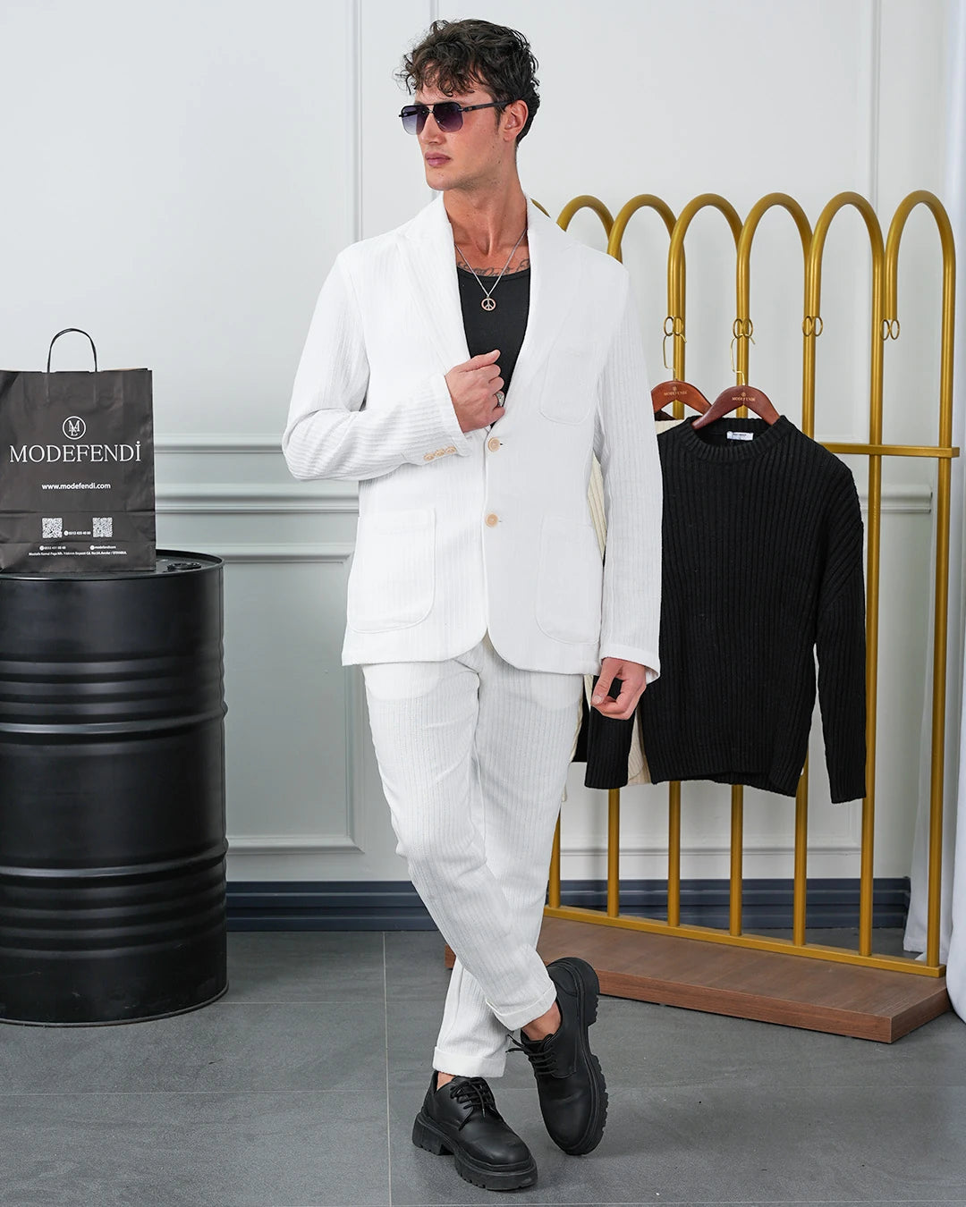 %100 Pamuk Keten Modern Fit Örgü Kemer Detaylı Keten Takım Elbise