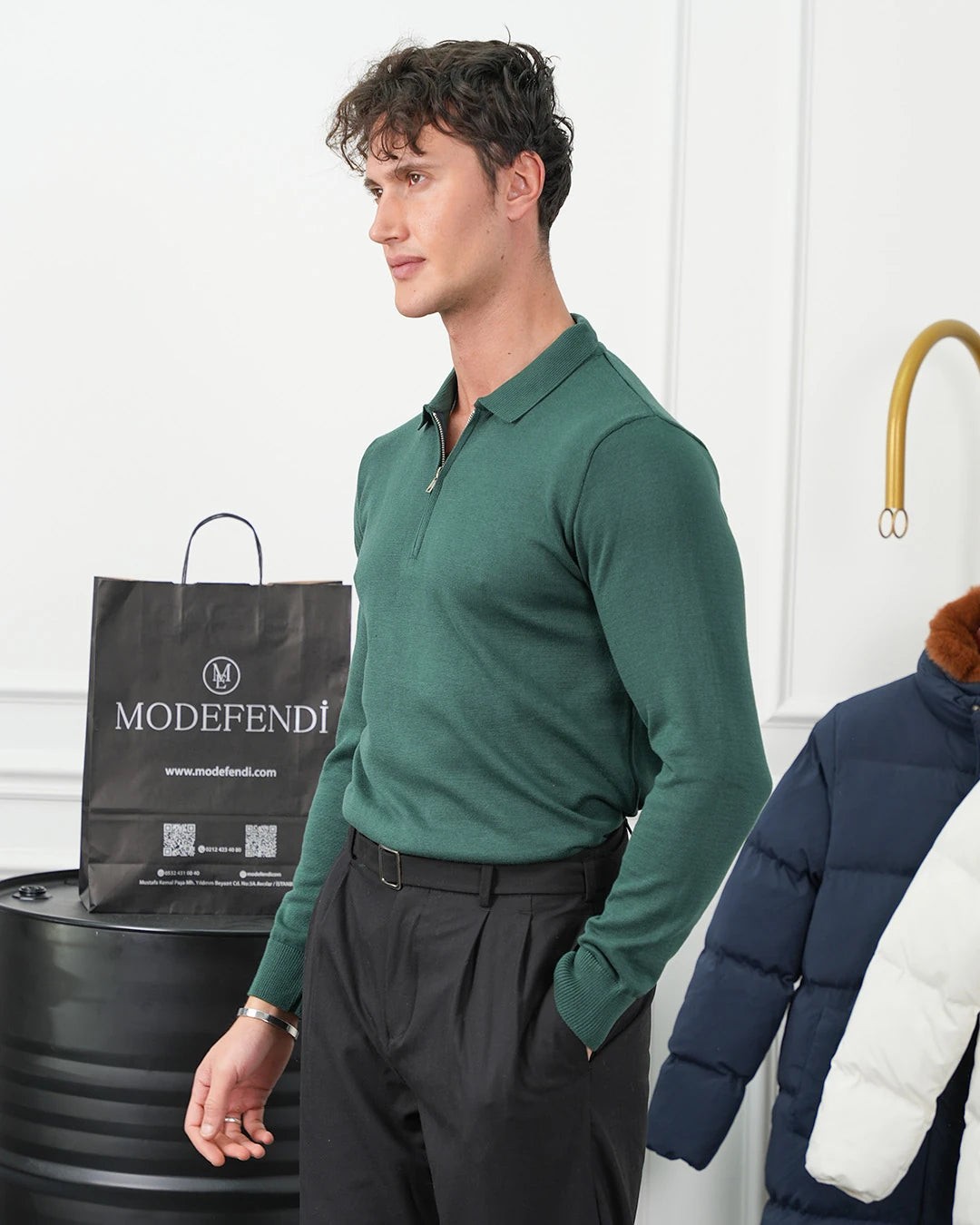 Pamuk Likra Slim Fit Kalıp Yaka Fermuar Detaylı Triko Kazak