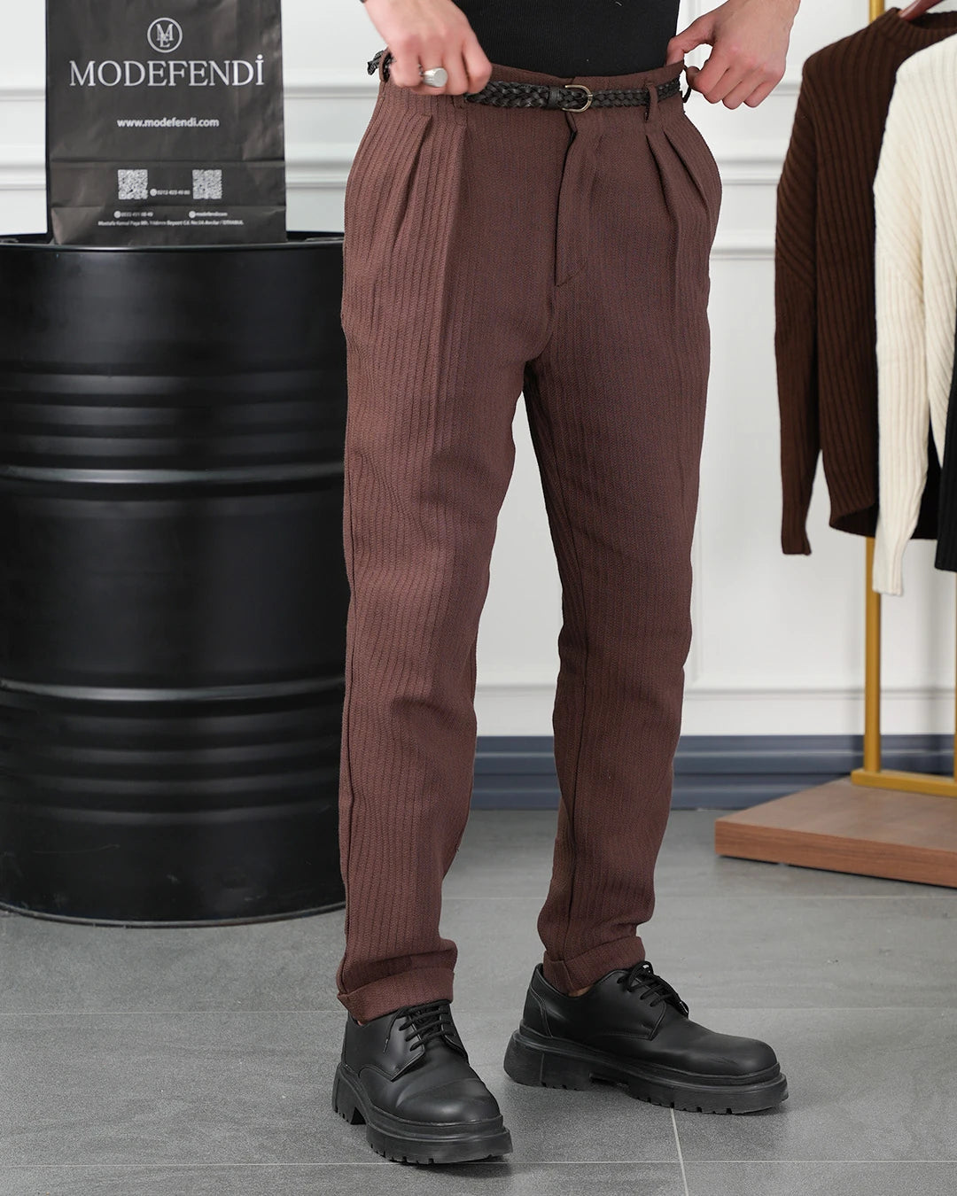 Hasır Örgü Kemerli Pamuk Keten Örme Pileli Pantolon