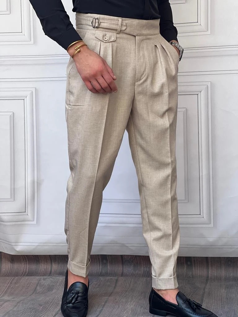 Kuşak Toka Detaylı Kuş Gözü Desen Pileli Pantolon