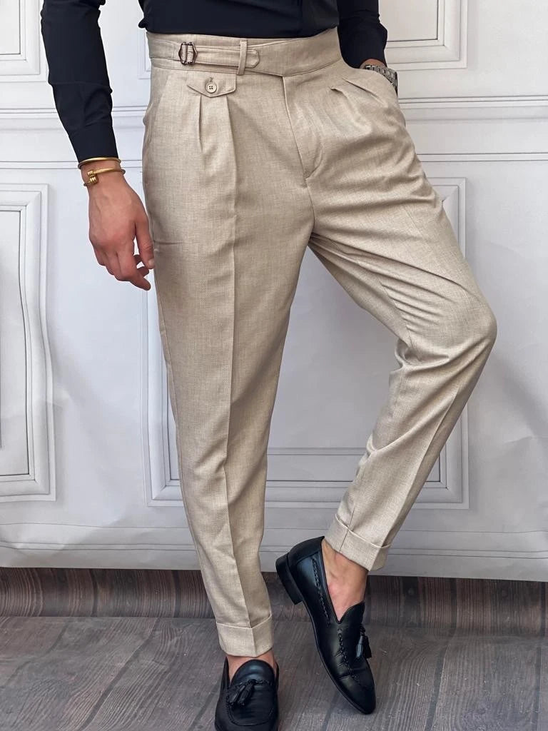 Kuşak Toka Detaylı Kuş Gözü Desen Pileli Pantolon