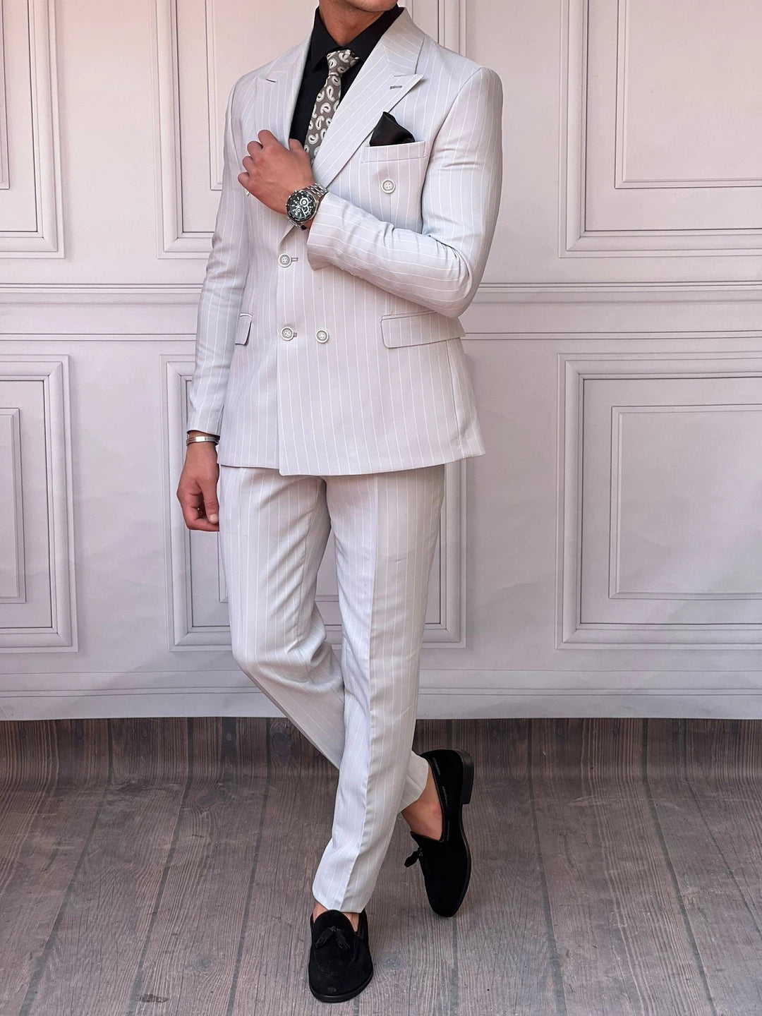 Çizgi Detaylı Kruvaze Ceket Pantolon Takım