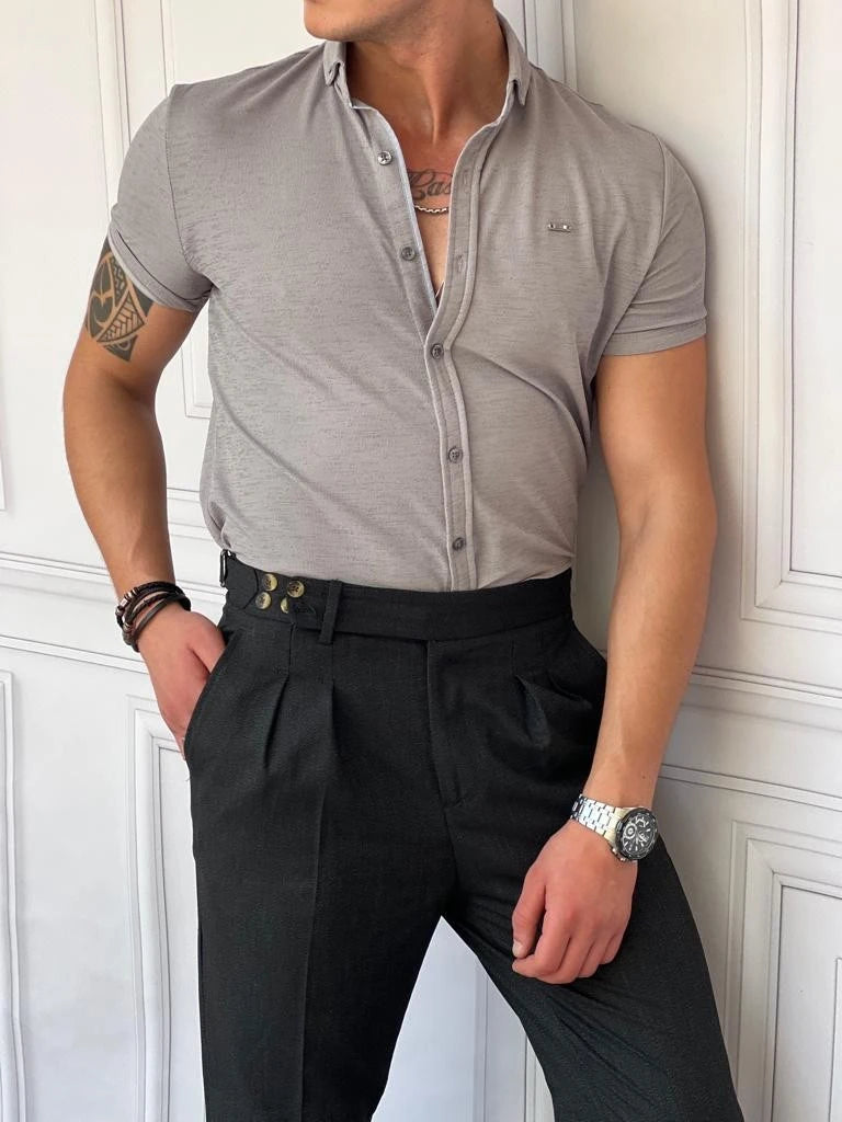 Pamuk Likra Gofre Kumaş Slim Fıt Kalıp Kısa Kollu Gömlek