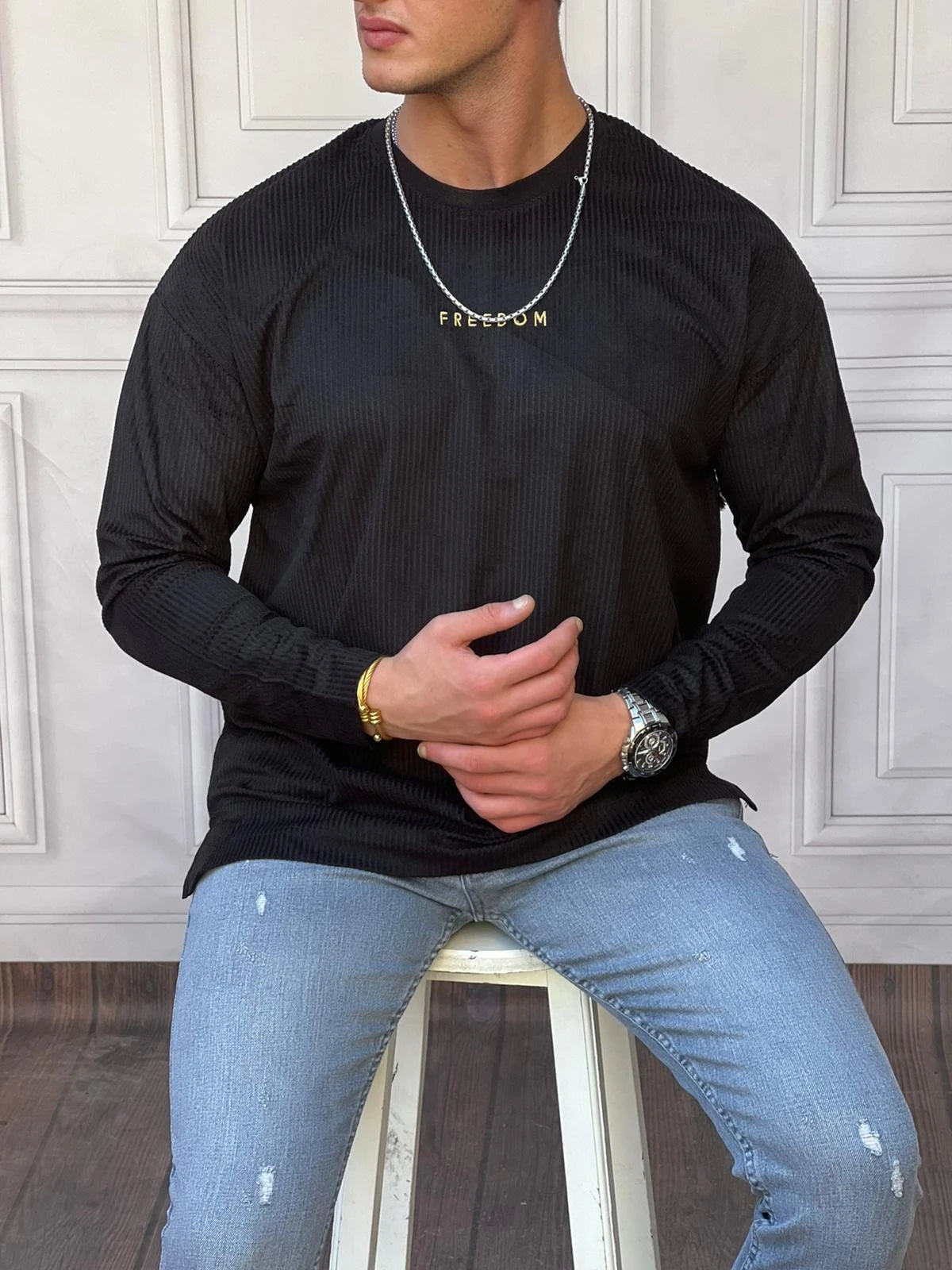 Freedom Baskılı Kadife Fitil Sweat