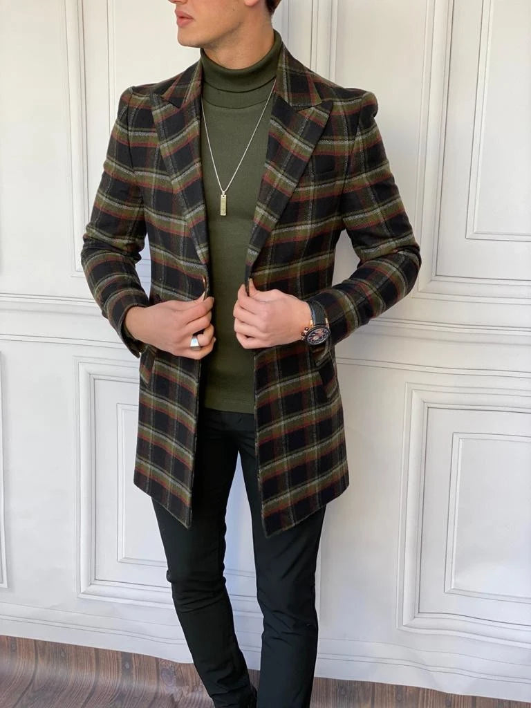 Slim Fit İtalyan Kesim Ekose Kaşe Kaban