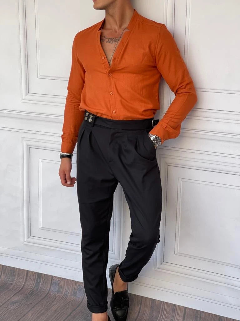 Rahat Kalıp  Yaka Yırtmaç Detaylı Keten Gömlek