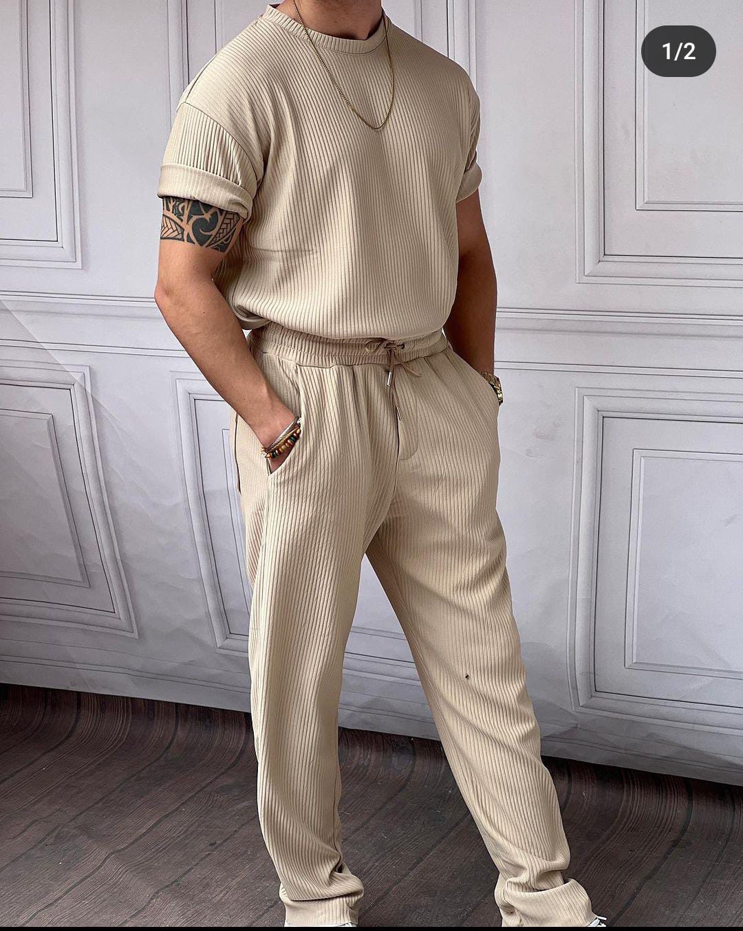 Kalın Fitil Desenli Tshırt'lü Alt Üst Takım