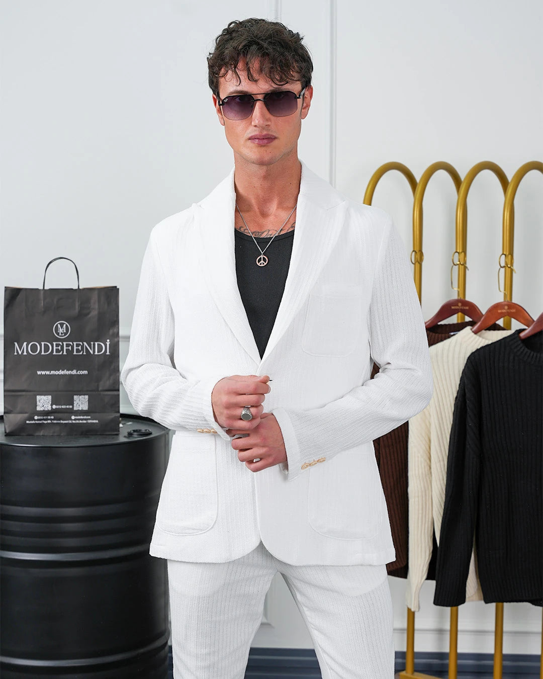 %100 Pamuk Keten Modern Fit Örgü Kemer Detaylı Keten Takım Elbise