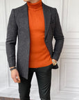 Slim Fit İtalyan Kesim Ceket Yaka Örme Kaşe Kaban