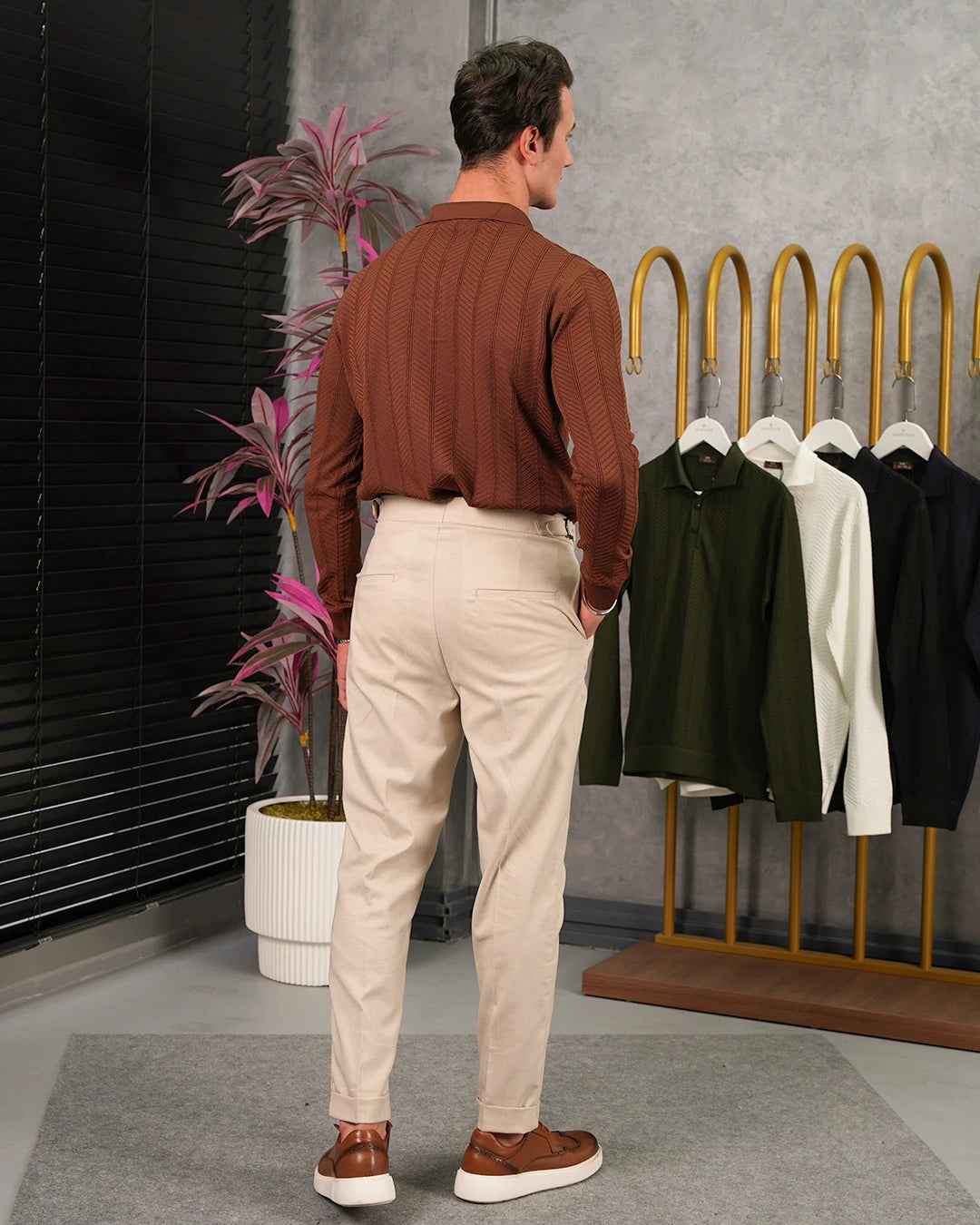 Pamuk Likra Yıldız Desen Yaka Düğmeli Slim Fit Kalıp Triko Kazak