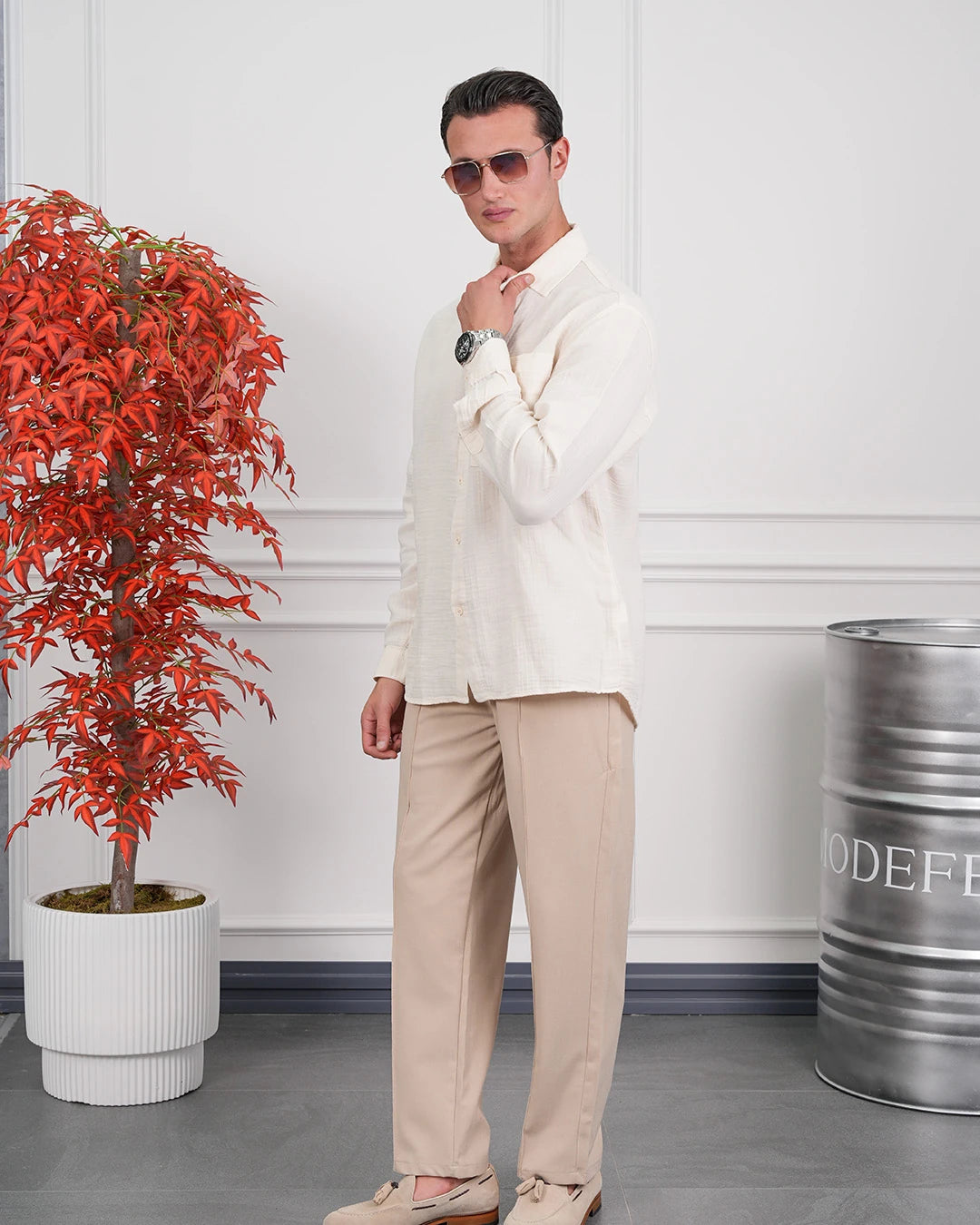 Tek Cep Detaylı Pamuk Dokulu Oversize Keten Gömlek