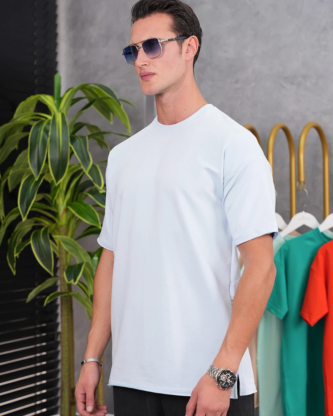 Pamuk Likra Yırtmaç Detaylı 2 İplik Oversize Tshirt