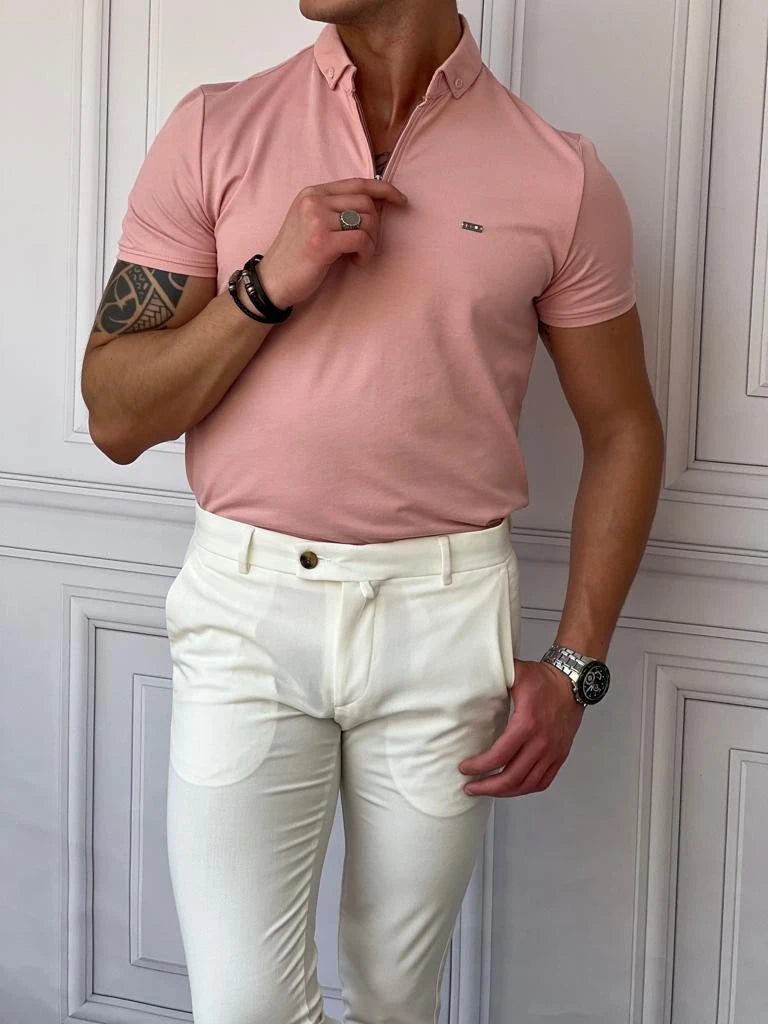 Pamuk Likra Slim Fit Kalıp Bebe Yaka Fermuarlı Tshirt