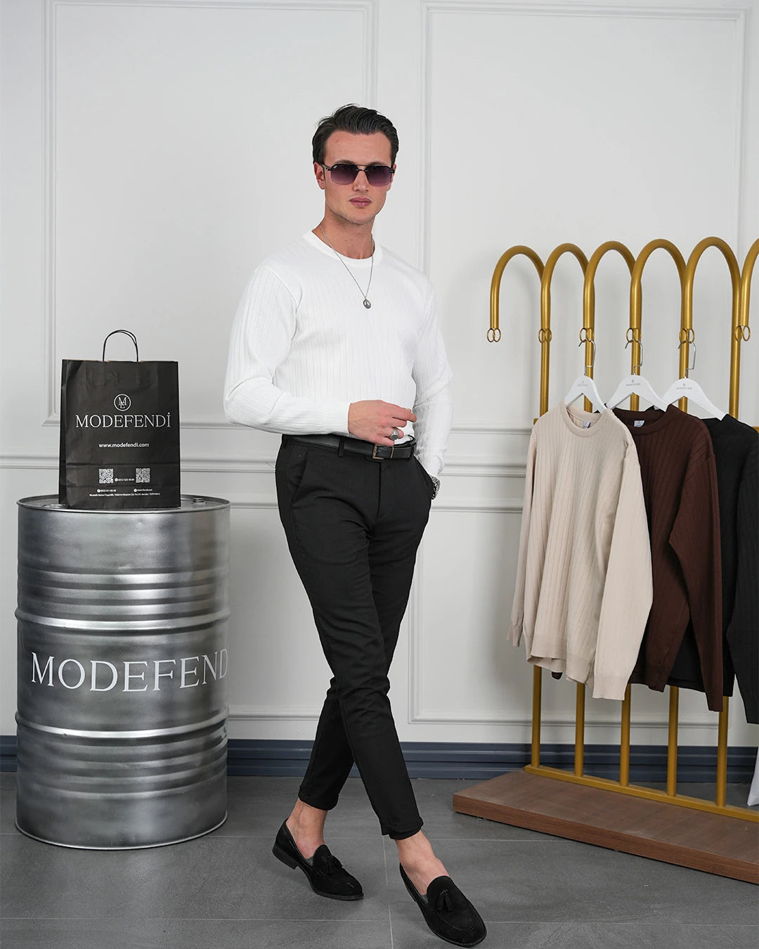 Pamuk Likra Slim Fit Bisiklet Yaka Dikey Çizgi Triko Kazak