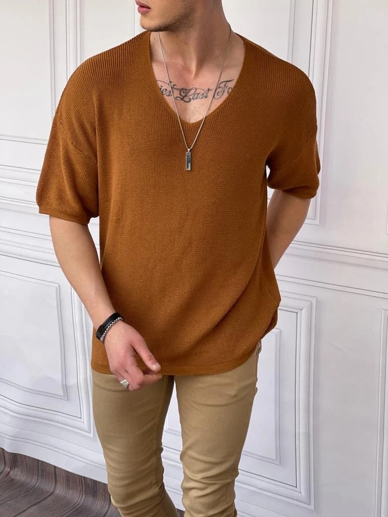 Relaxed Kalıp(Geniş Kalıp) Örme Triko Derin Açık Yaka Tshırt