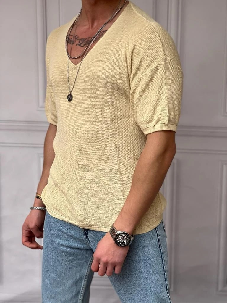 Relaxed Kalıp(Geniş Kalıp) Örme Triko Derin Açık Yaka Tshırt