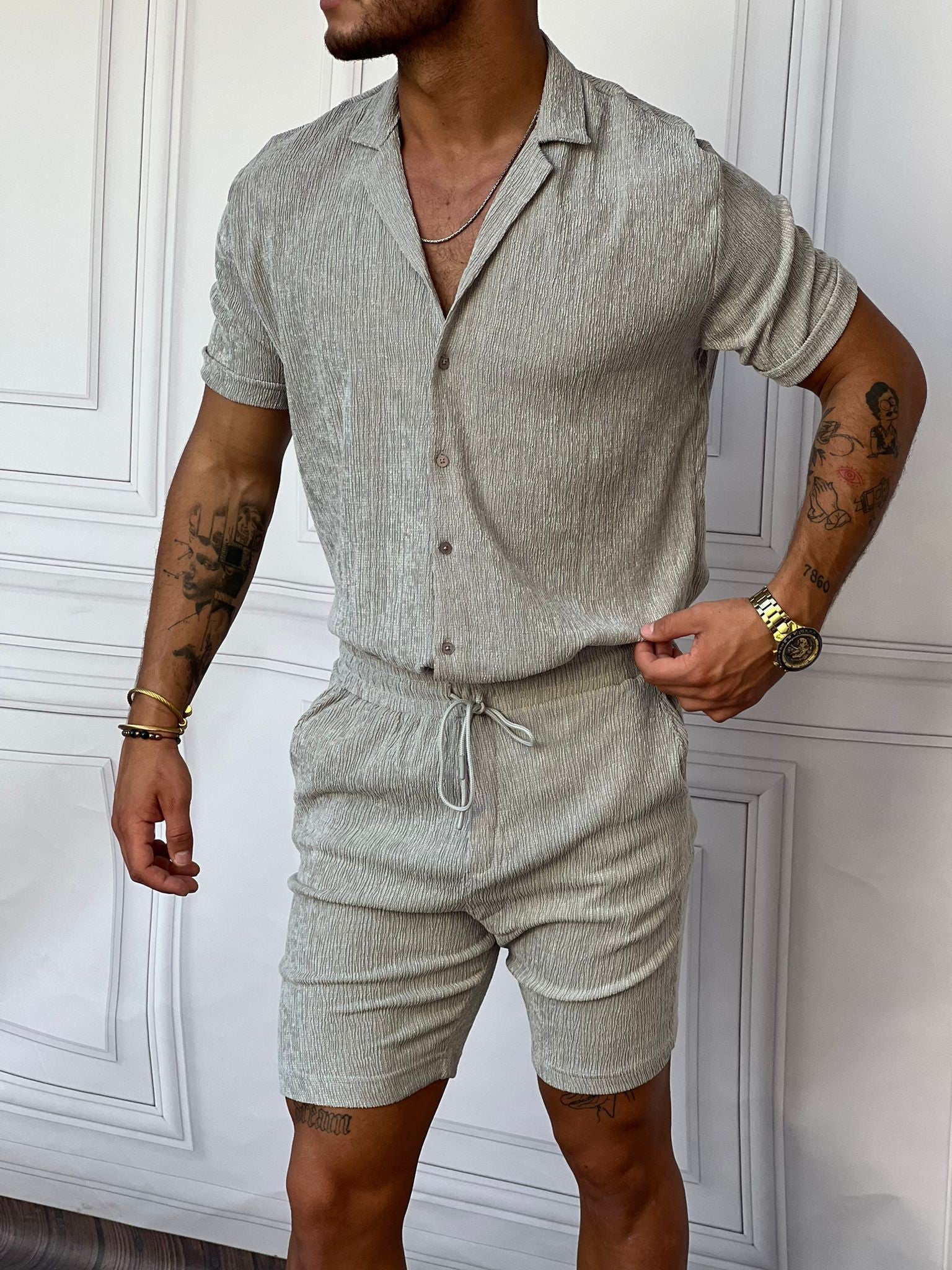 Krinkıl Kumaş Pamuklu Gömlek + Şort Takım