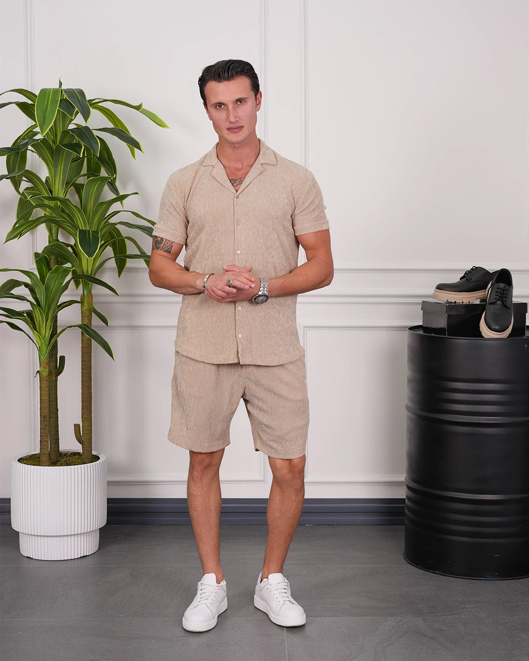 Krinkıl Kumaş Pamuklu Gömlek + Şort Takım