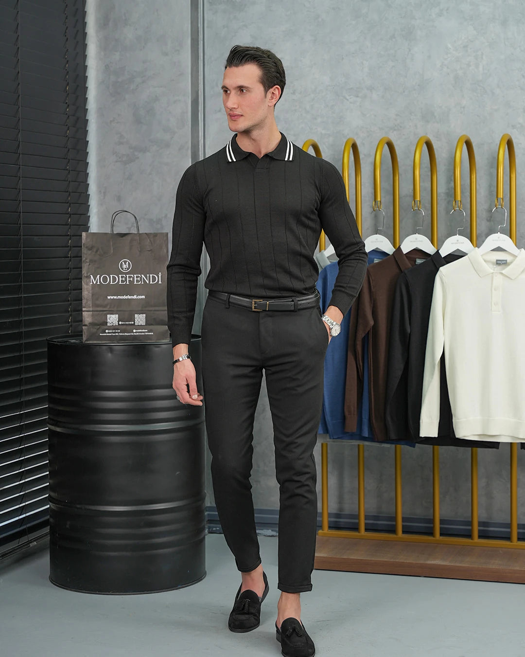 Pamuk Likra Slim Fit Örgü Desen Kesik Yaka Kazak