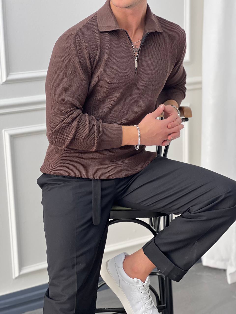 Yüksek Kalite Polo Yaka Fermuar Detaylı Kazak