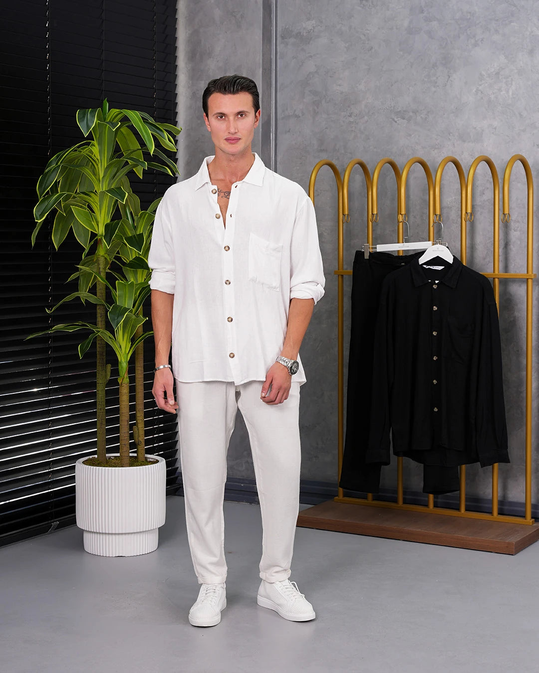 %100 Ham Keten Tam Oversize Kesim Alt -Üst Takım