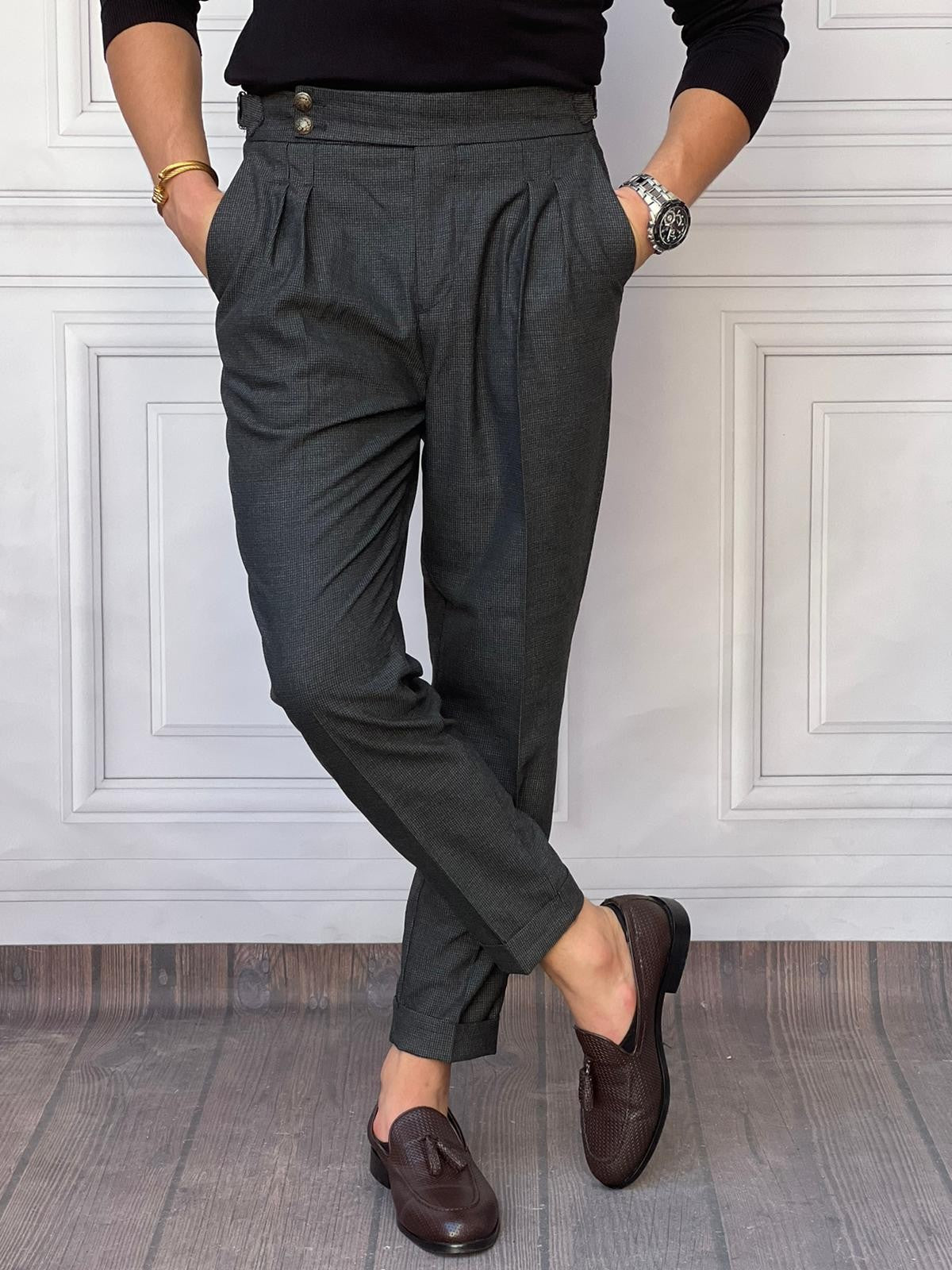 Yüksek Bel Pileli Petek Örme Pamuklu Slimfit Pantolon