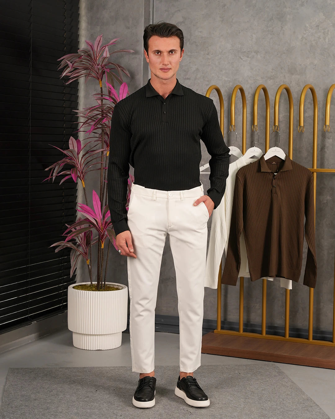 Pamuk Likra İnce Fitil Yaka Düğmeli Slim Fit Triko Kazak