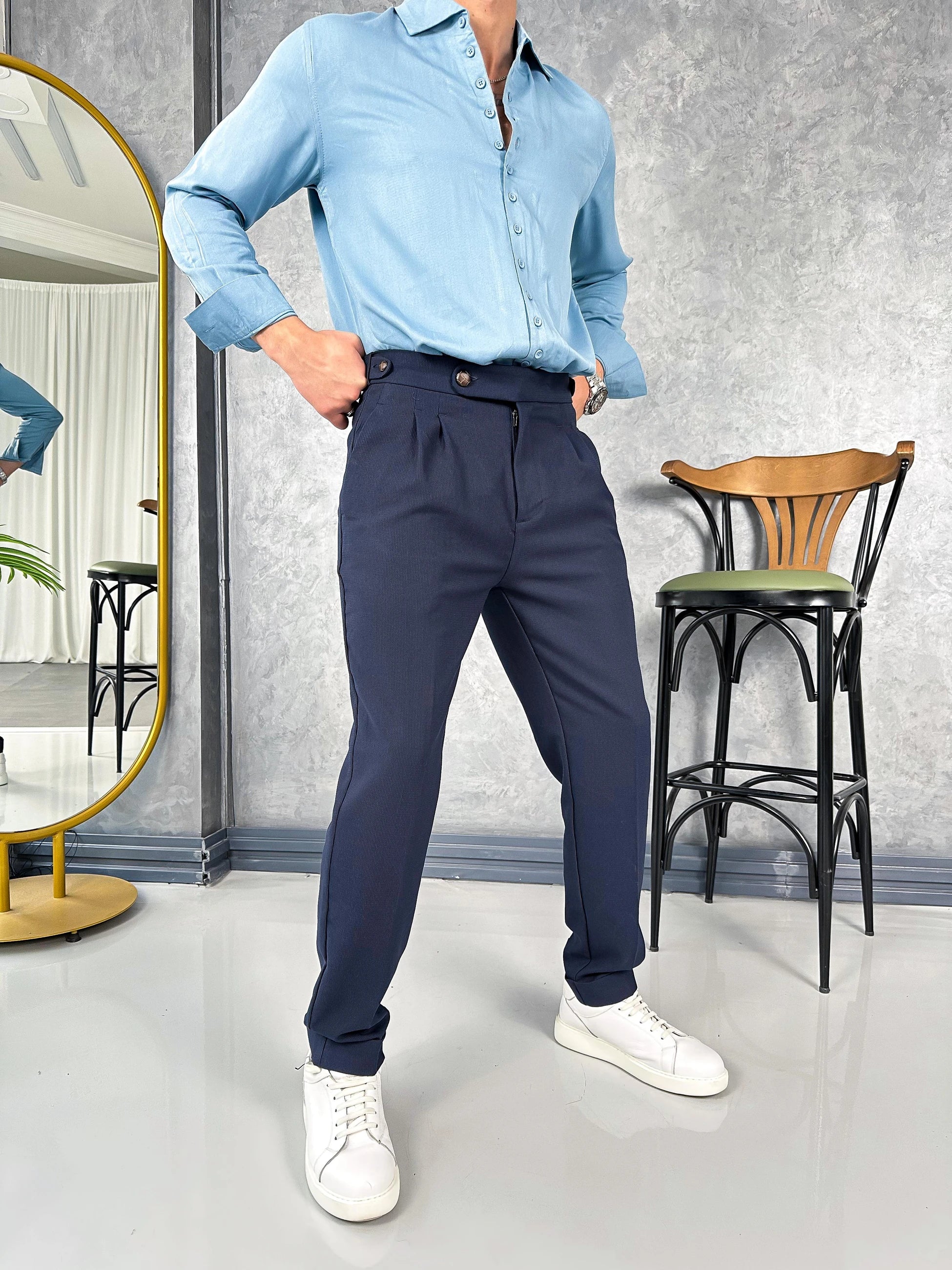 Tek Düğme Detaylı İtalyan Kesim Pileli Pantolon