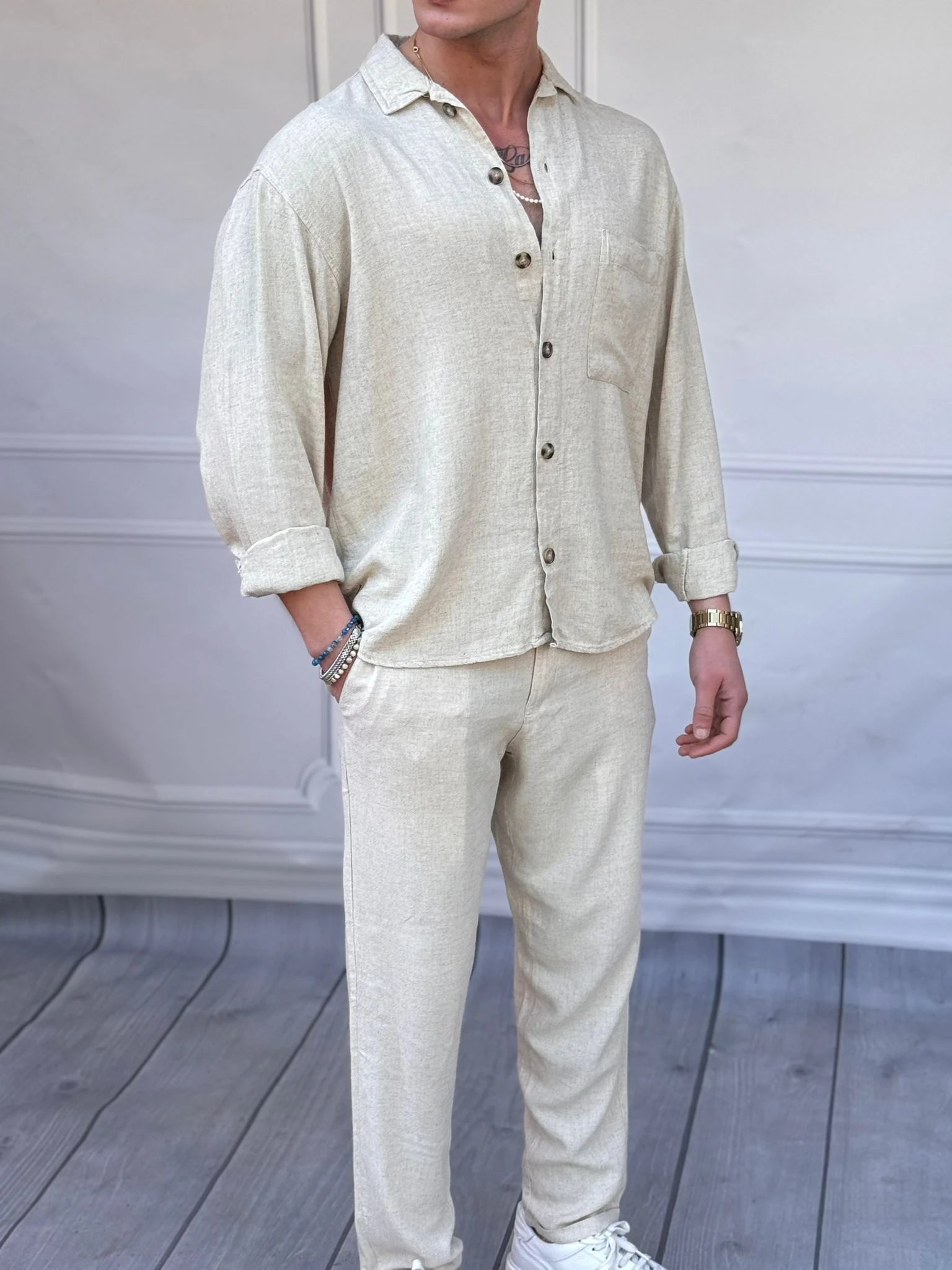 %100 Ham Keten Tam Oversize Kesim Alt -Üst Takım