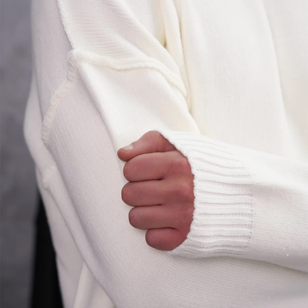 Ters Dikiş Oversize Bisiklet Yaka Yün Pamuk Kazak