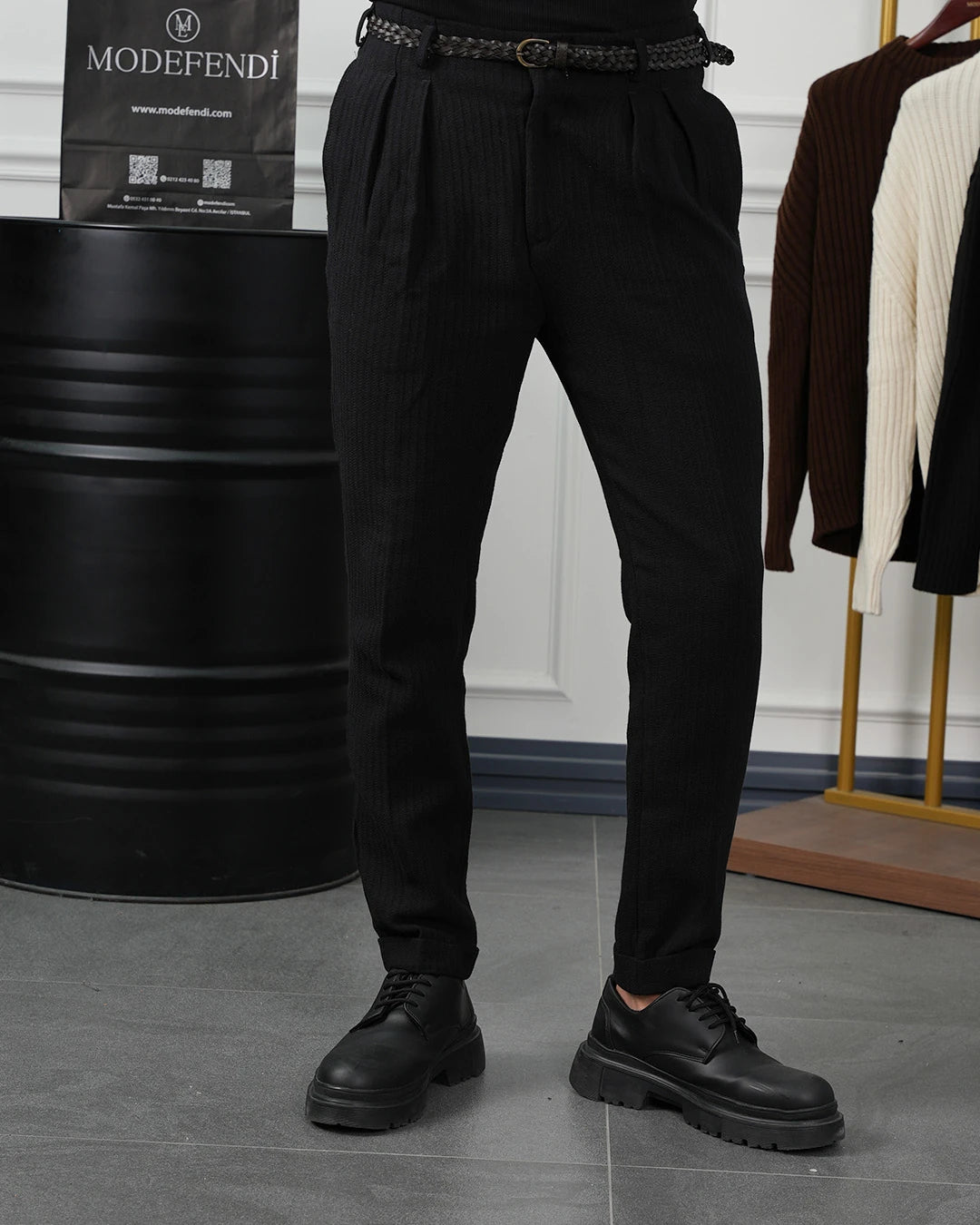 Hasır Örgü Kemerli Pamuk Keten Örme Pileli Pantolon