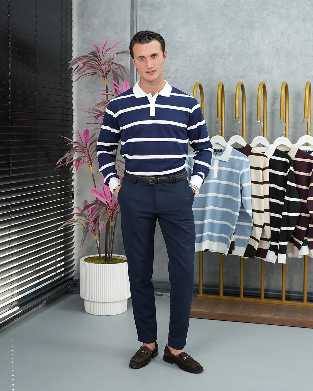 Pamuk Likra Slim Fit Örgü Yatay Desen Yaka Şerit Detaylı Polo Yaka Kazak